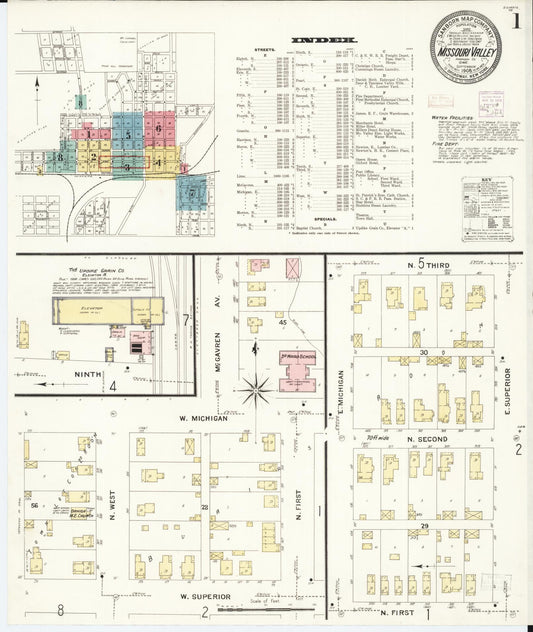 Sanborn Fire Insurance Map from Missouri Valley, Harrison County, Iowa (1908), Sheet #0001 - Historic Sanborn Fire Insurance Map Print, vintage old map wall art