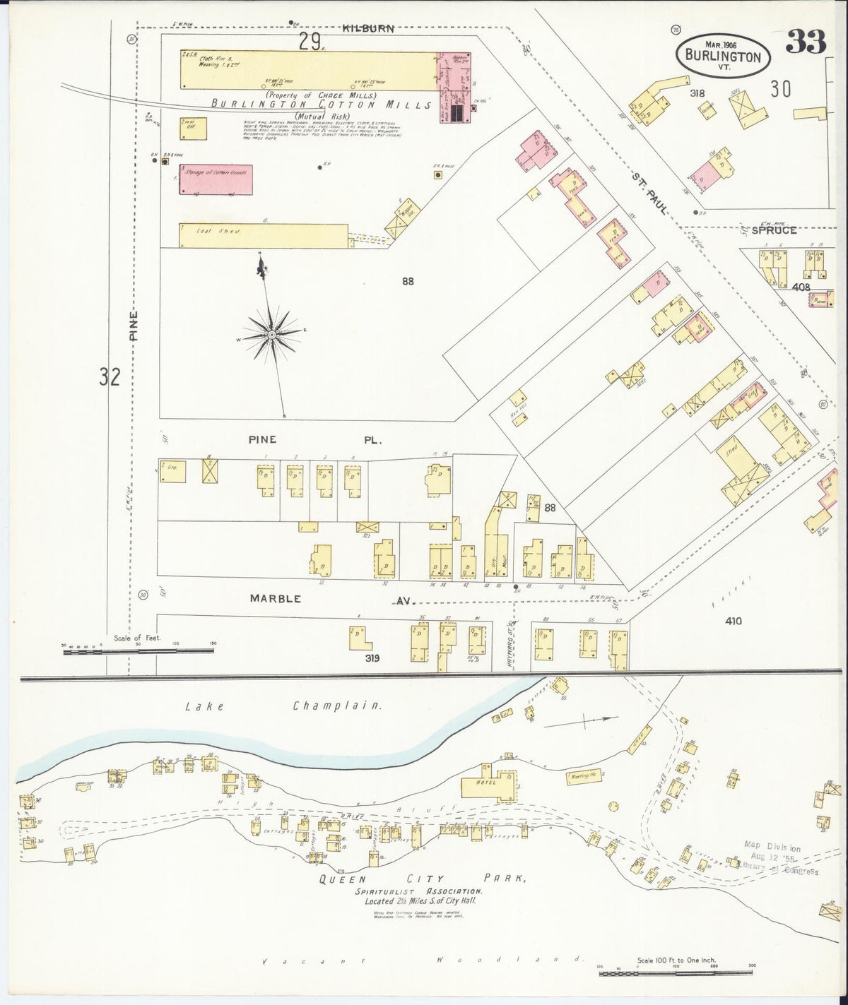 Sanborn Fire Insurance Map from Burlington, Chittenden County, Vermont (1906), Sheet #0033 - Historic Sanborn Fire Insurance Map Print, vintage old map wall art, antique decor, genealogy gift, Vermont Vermont map