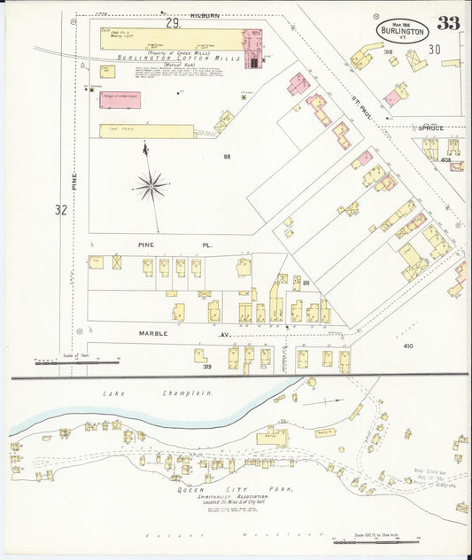 Sanborn Fire Insurance Map from Burlington, Chittenden County, Vermont (1906), Sheet #0033 - Historic Sanborn Fire Insurance Map Print, vintage old map wall art, antique decor, genealogy gift, Vermont Vermont map