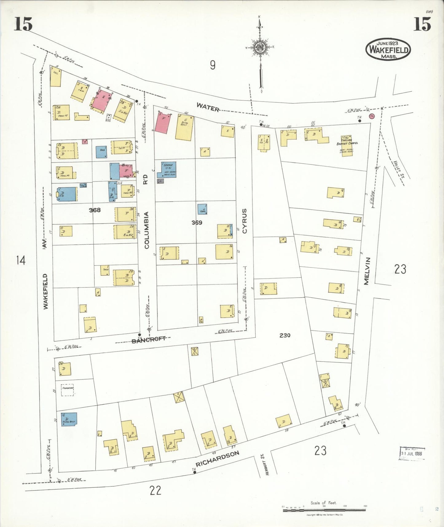 Sanborn Fire Insurance Map from Wakefield, Middlesex County, Massachusetts (1923), Sheet #0015 - Historic Sanborn Fire Insurance Map Print, vintage old map wall art, antique decor, genealogy gift, Massachusetts Massachusetts map
