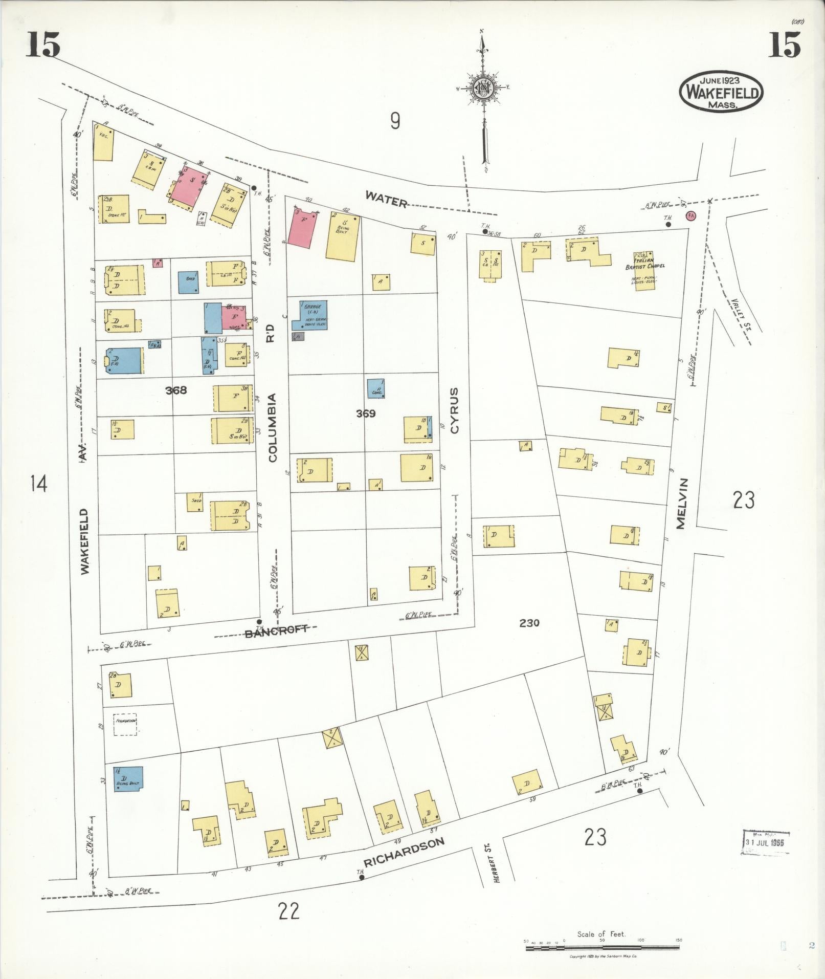 Sanborn Fire Insurance Map from Wakefield, Middlesex County, Massachusetts (1923), Sheet #0015 - Historic Sanborn Fire Insurance Map Print, vintage old map wall art, antique decor, genealogy gift, Massachusetts Massachusetts map