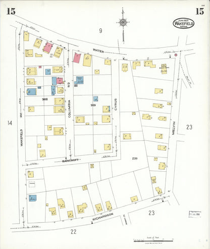 Sanborn Fire Insurance Map from Wakefield, Middlesex County, Massachusetts (1923), Sheet #0015 - Historic Sanborn Fire Insurance Map Print, vintage old map wall art, antique decor, genealogy gift, Massachusetts Massachusetts map