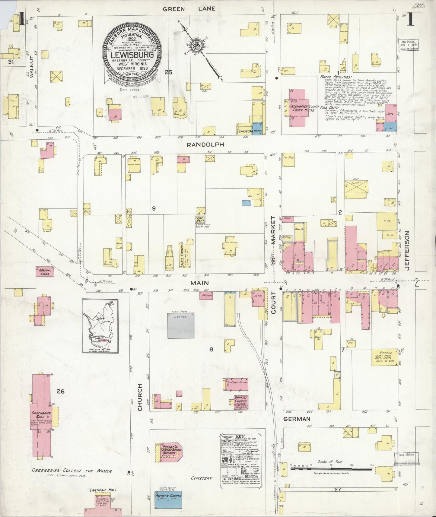Sanborn Fire Insurance Map from Lewisburg, Greenbrier County, West Virginia. (1923) – Historic Sanborn Fire Insurance Map Print
