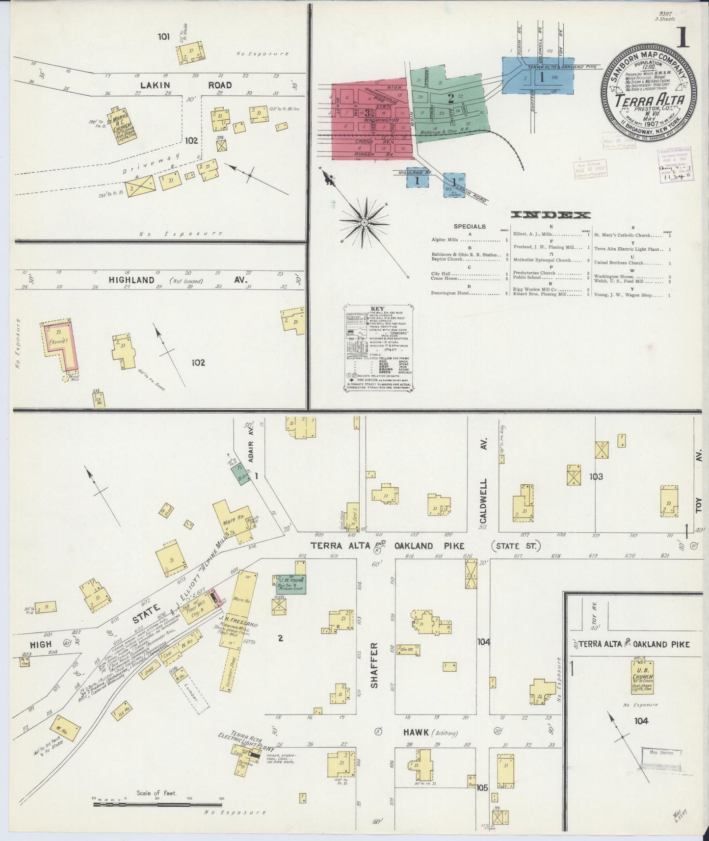 Sanborn Fire Insurance Map from Terra Alta, Preston County, West Virginia (1907), Sheet #0001 - Complete Map Set gallery image, historic Sanborn map, vintage wall art, West Virginia West Virginia