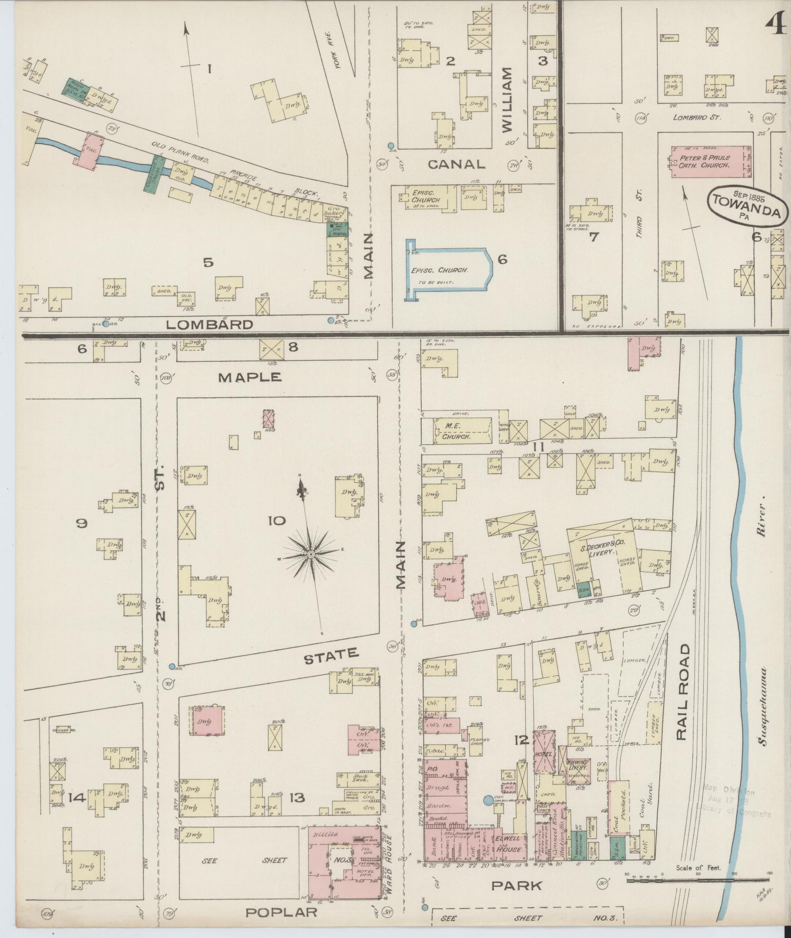 Sanborn Fire Insurance Map from Towanda, Bradford County, Pennsylvania (1885), Sheet #0004 - Complete Map Set gallery image, historic Sanborn map, vintage wall art, Pennsylvania Pennsylvania