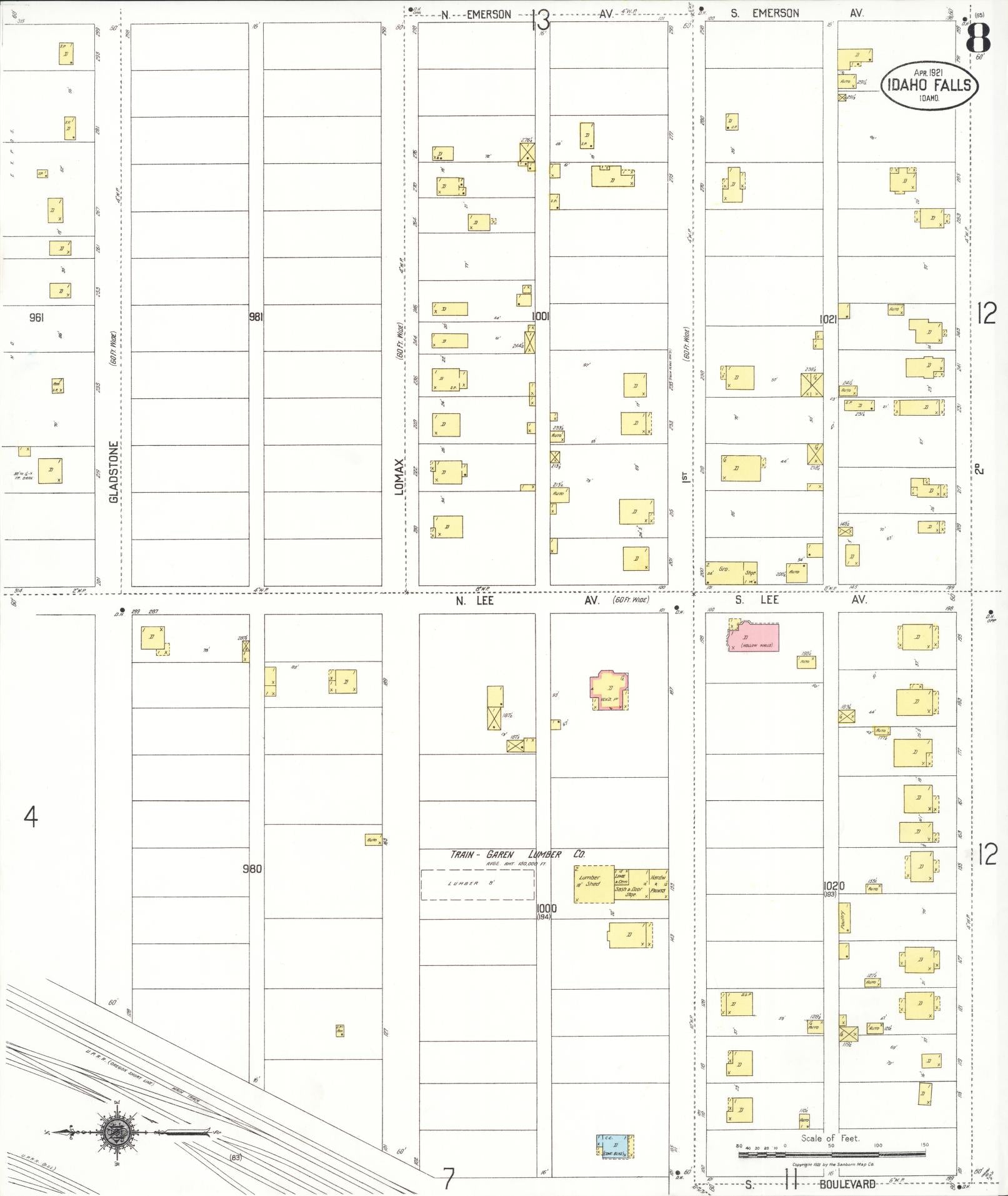 Sanborn Fire Insurance Map from Idaho Falls, Bonneville County, Idaho (1921), Sheet #0008 - Complete Map Set gallery image, historic Sanborn map, vintage wall art, Idaho Idaho