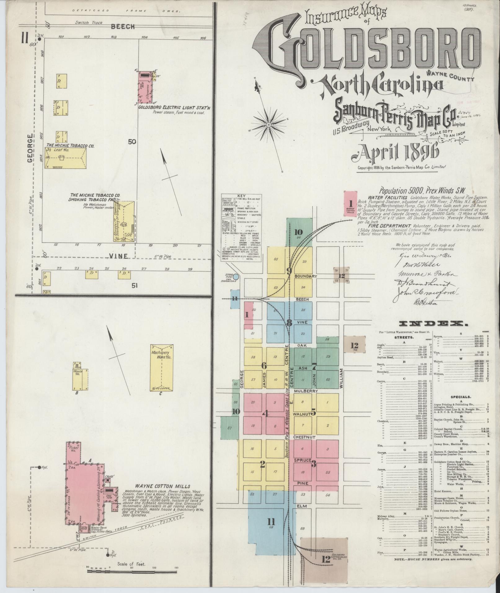 Sanborn Fire Insurance Map from Goldsboro, Wayne County, North Carolina (1896), Sheet #0001 - Historic Sanborn Fire Insurance Map Print, vintage old map wall art, antique decor, genealogy gift, North Carolina North Carolina map