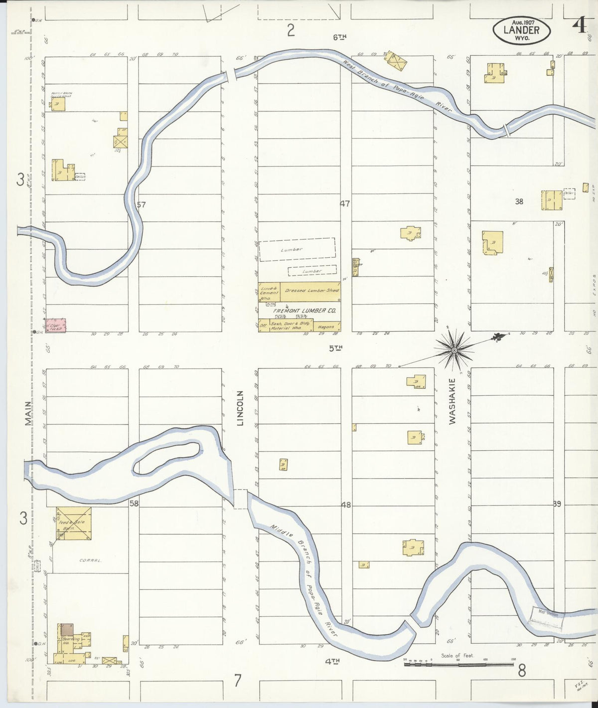 Sanborn Fire Insurance Map from Lander, Fremont County, Wyoming (1907), Sheet #0004 - Complete Map Set gallery image, historic Sanborn map, vintage wall art, Wyoming Wyoming