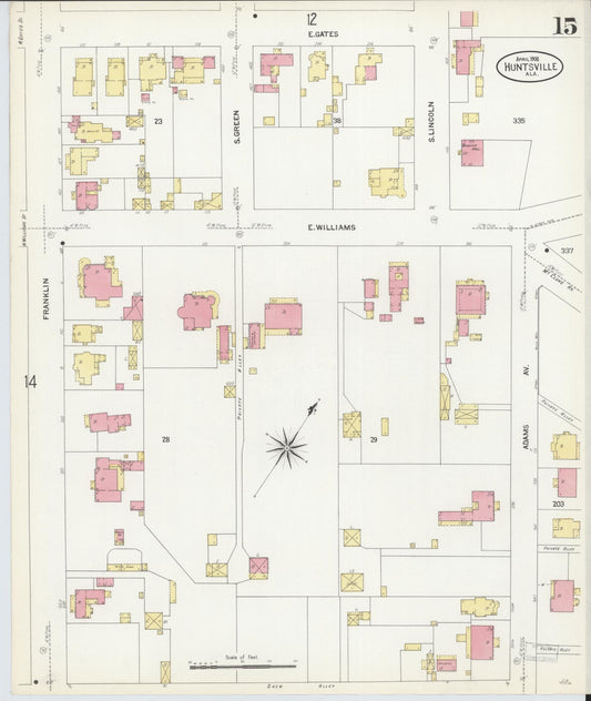 Sanborn Fire Insurance Map from Huntsville, Madison County, Alabama (1908), Sheet #0015 - Historic Sanborn Fire Insurance Map Print, vintage old map wall art, antique decor, genealogy gift, Alabama Alabama map
