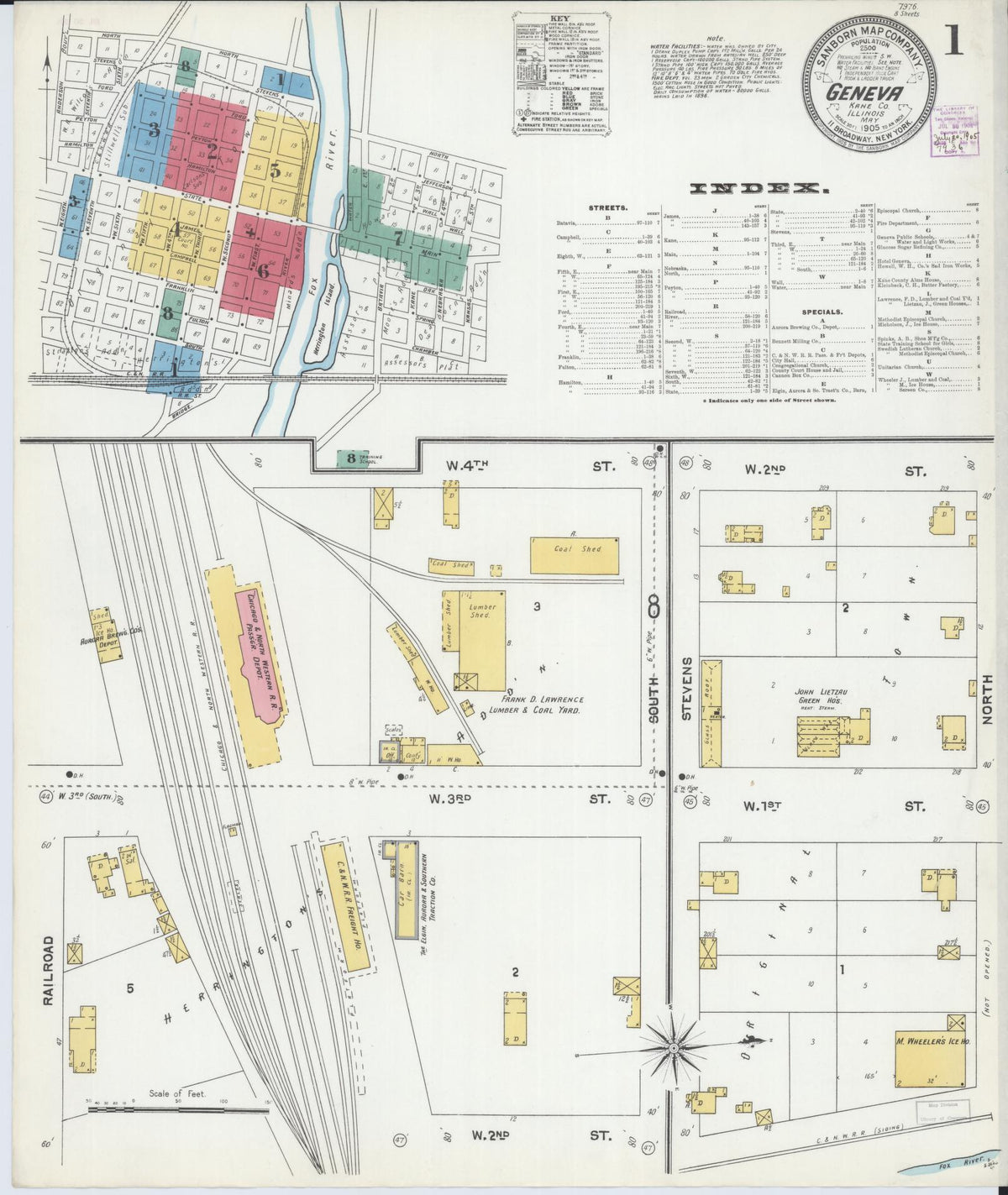 Sanborn Fire Insurance Map from Geneva, Kane County, Illinois (1905), Sheet #0001 - Historic Sanborn Fire Insurance Map Print, vintage old map wall art, antique decor, genealogy gift, Illinois Illinois map