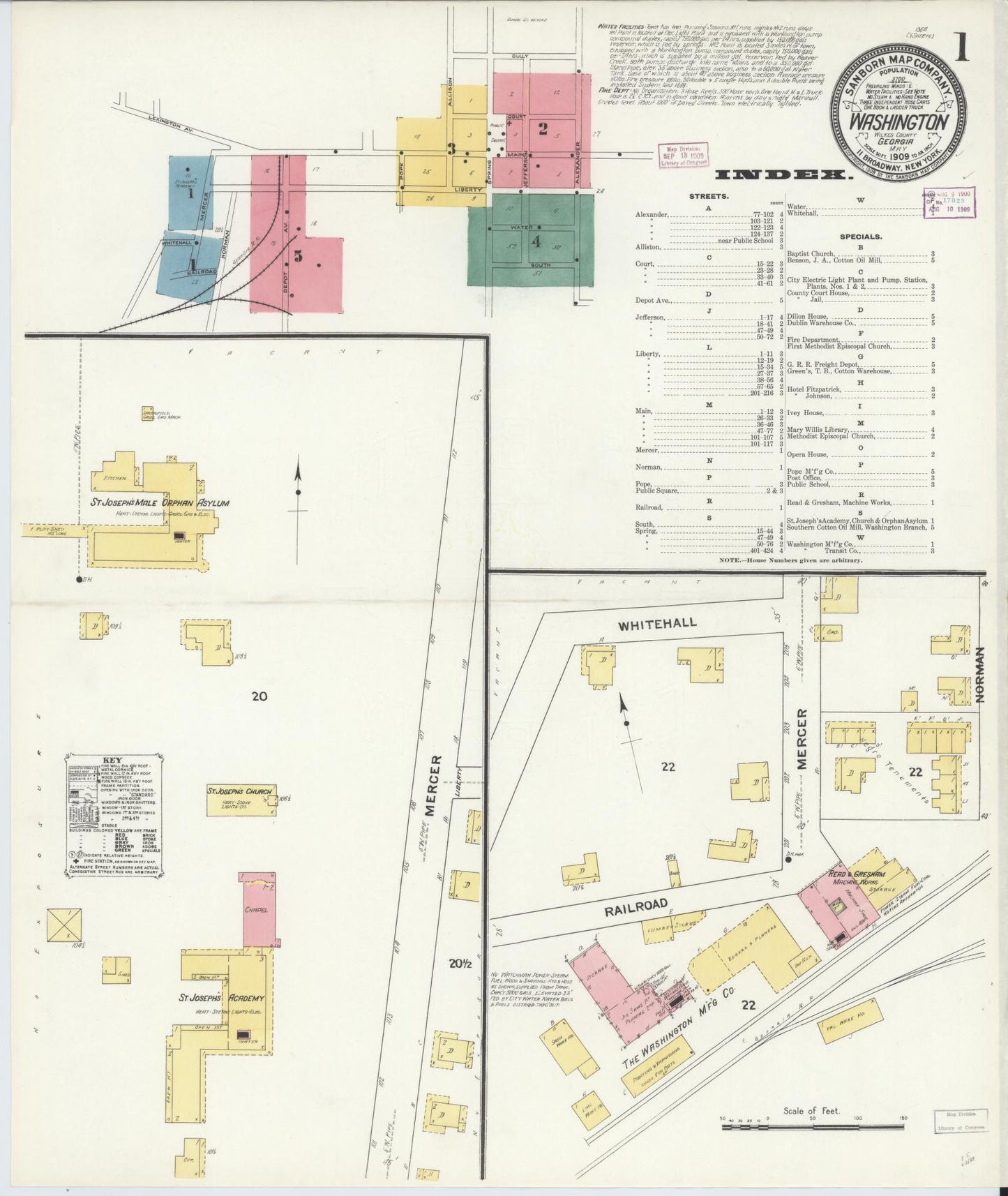 Sanborn Fire Insurance Map from Washington, Wilkes County, Georgia (1909), Sheet #0001 - Historic Sanborn Fire Insurance Map Print, vintage old map wall art, antique decor, genealogy gift, Georgia Georgia map