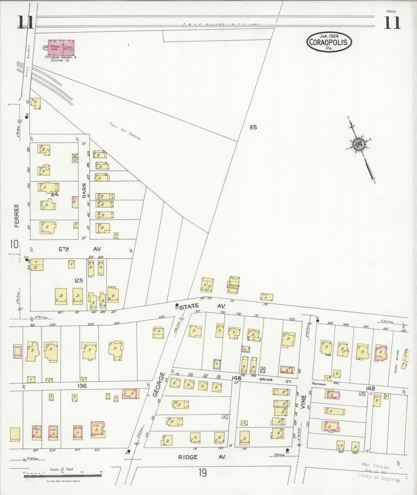 Sanborn Fire Insurance Map from Coraopolis, Allegheny County, Pennsylvania (1924), Sheet #0011 - Historic Sanborn Fire Insurance Map Print, vintage old map wall art, antique decor, genealogy gift, Pennsylvania Pennsylvania map