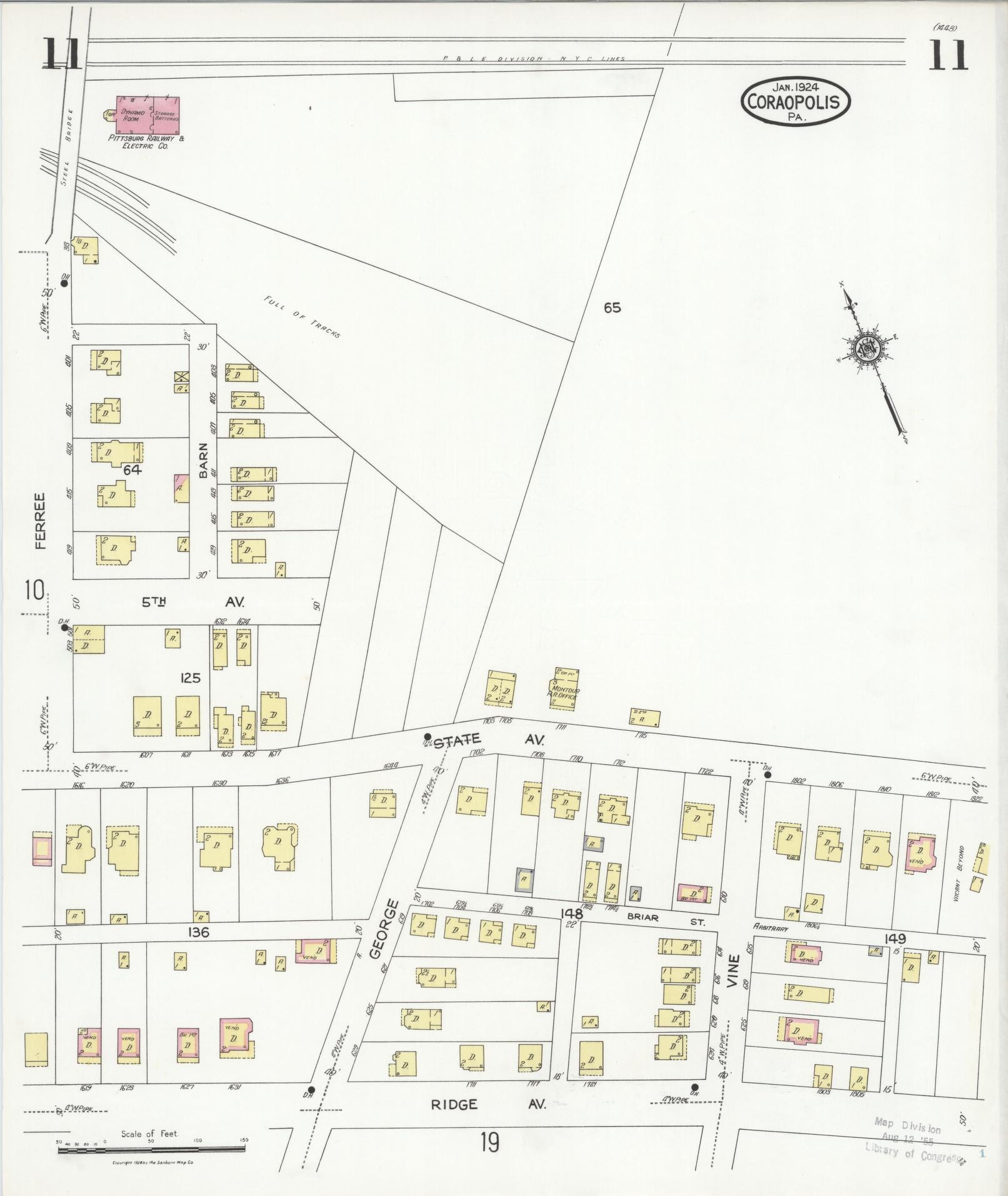 Sanborn Fire Insurance Map from Coraopolis, Allegheny County, Pennsylvania (1924), Sheet #0011 - Historic Sanborn Fire Insurance Map Print, vintage old map wall art, antique decor, genealogy gift, Pennsylvania Pennsylvania map