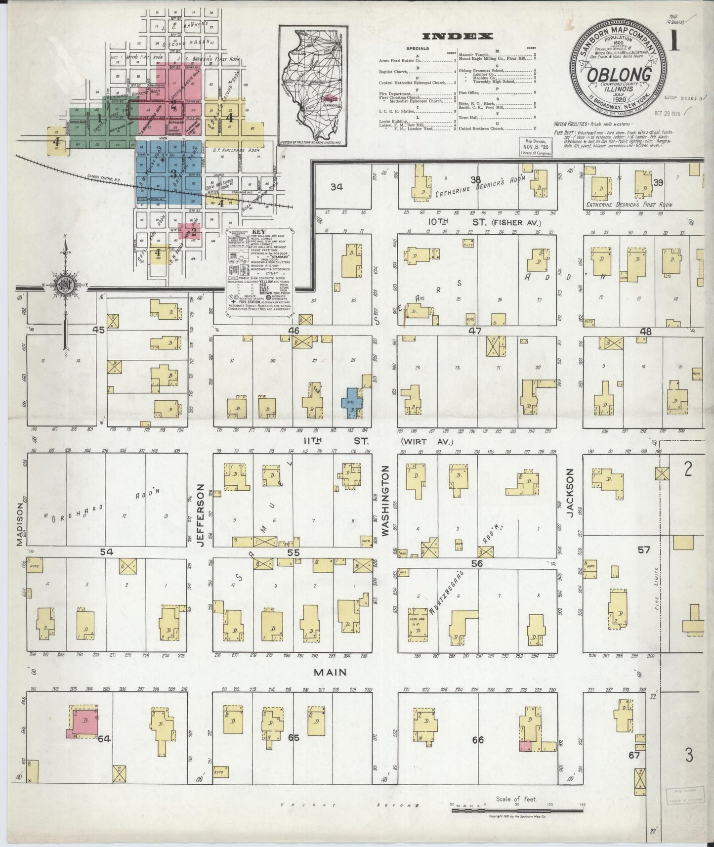 Sanborn Fire Insurance Map from Oblong, Crawford County, Illinois (1920), Sheet #0001 - Complete Map Set gallery image, historic Sanborn map, vintage wall art, Illinois Illinois