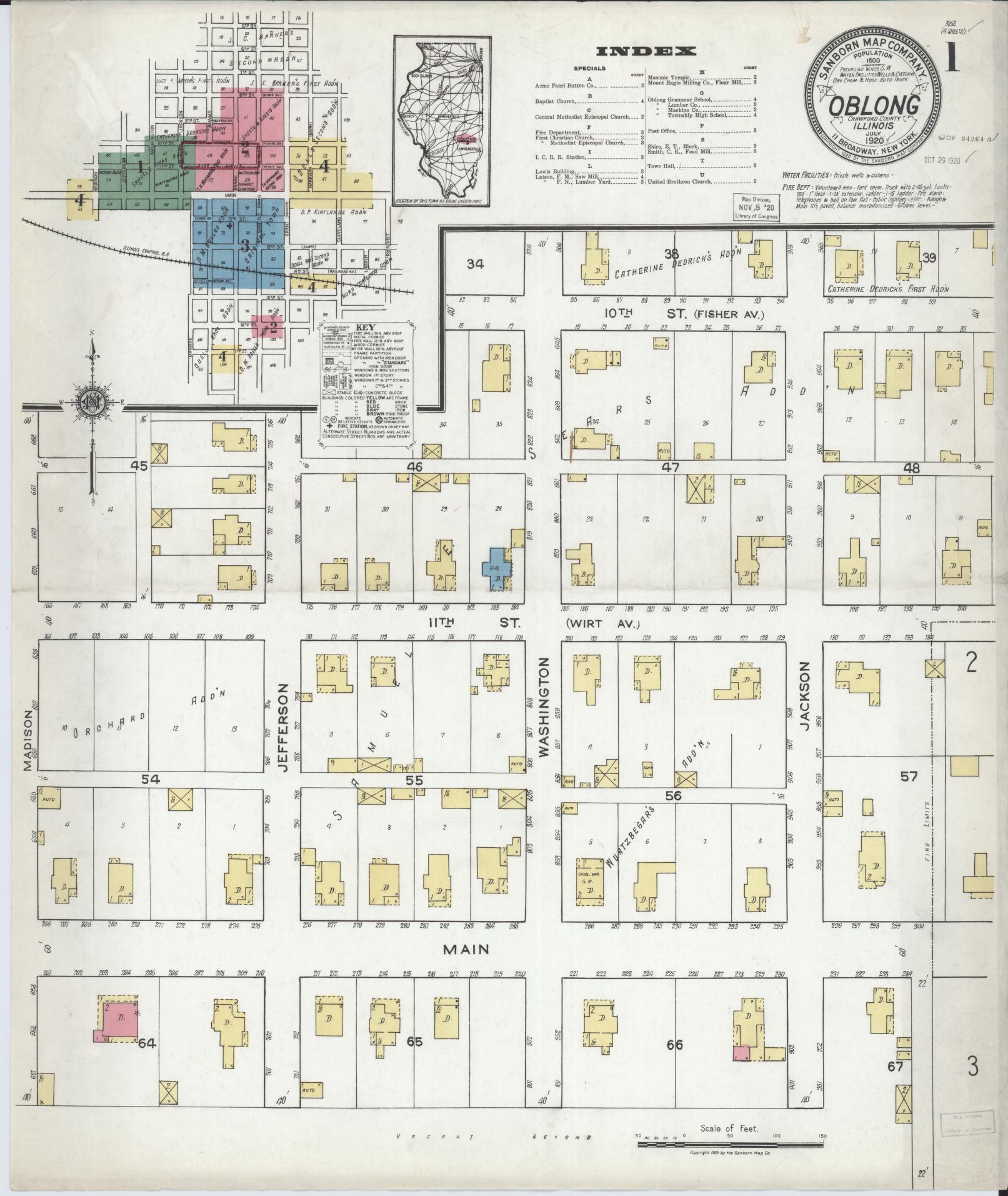 Sanborn Fire Insurance Map from Oblong, Crawford County, Illinois (1920), Sheet #0001 - Complete Map Set gallery image, historic Sanborn map, vintage wall art, Illinois Illinois