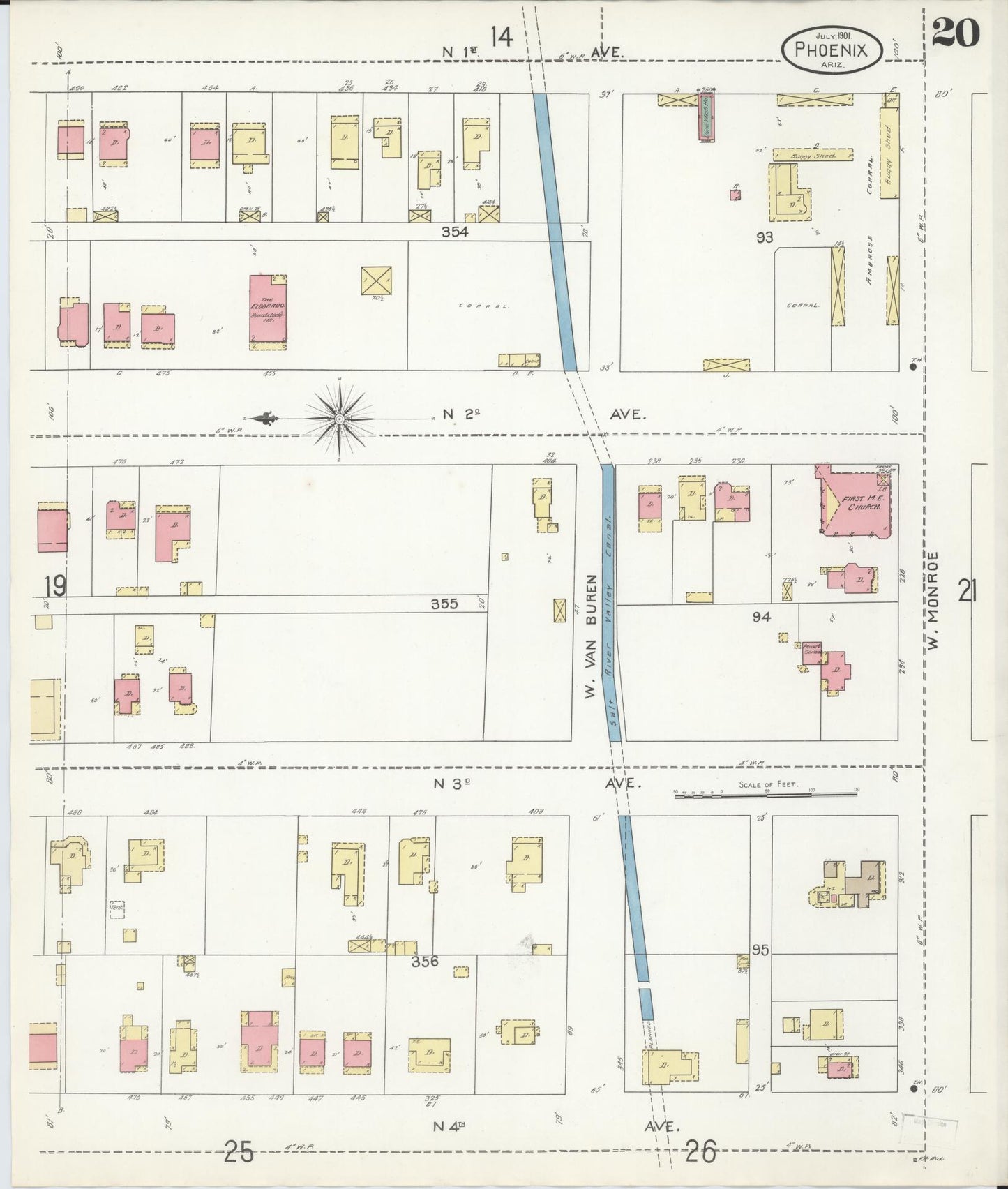 Sanborn Fire Insurance Map from Phoenix, Maricopa County, Arizona (1901), Sheet #0020 - Complete Map Set gallery image, historic Sanborn map, vintage wall art, Arizona Arizona