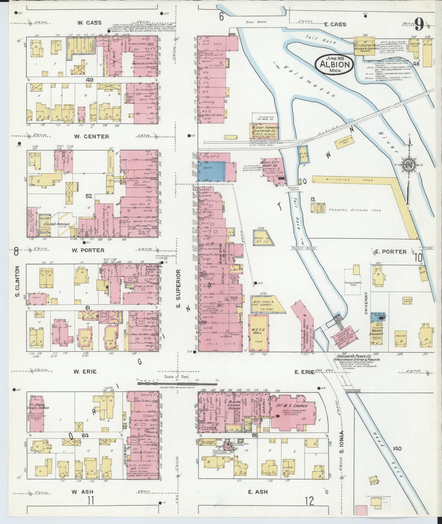 Sanborn Fire Insurance Map from Albion, Calhoun County, Michigan (1918), Sheet #0009 - Complete Map Set gallery image, historic Sanborn map, vintage wall art, Michigan Michigan