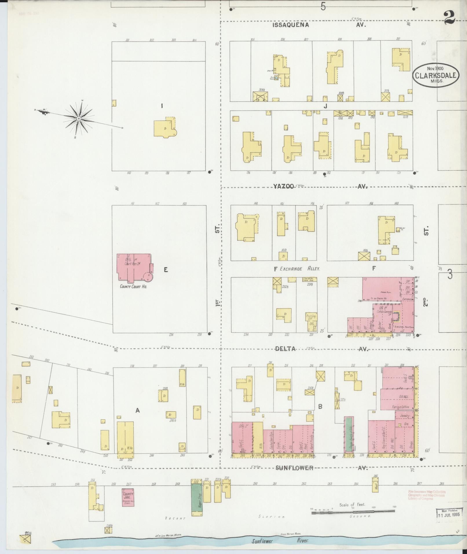 Sanborn Fire Insurance Map from Clarksdale, Coahoma County, Mississippi (1900), Sheet #0002 - Complete Map Set gallery image, historic Sanborn map, vintage wall art, Mississippi Mississippi