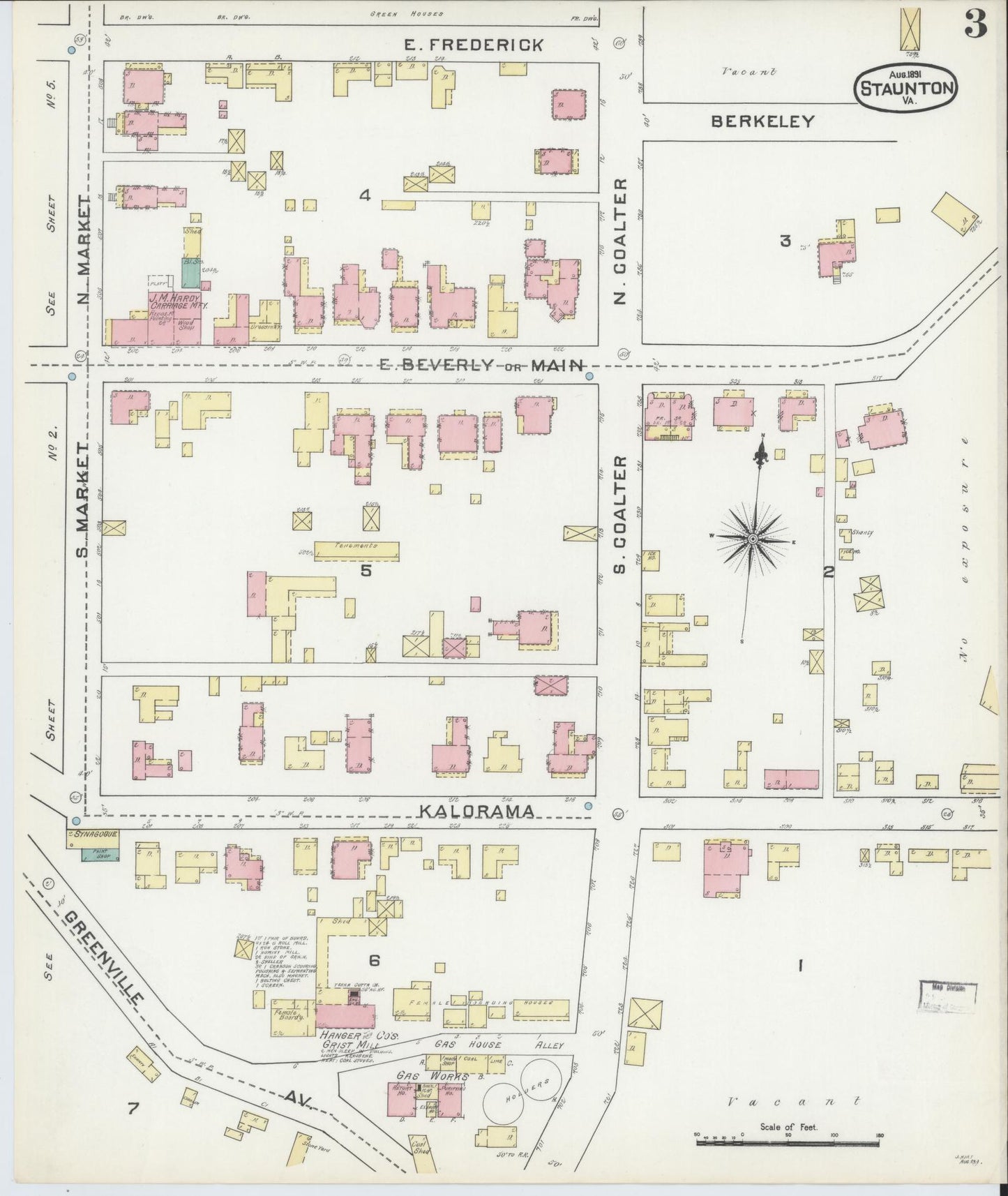 Sanborn Fire Insurance Map from Staunton, Independent Cities, Virginia (1891), Sheet #0003 - Complete Map Set gallery image, historic Sanborn map, vintage wall art, Virginia Virginia