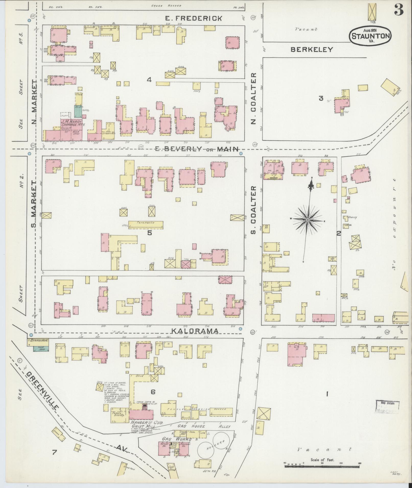 Sanborn Fire Insurance Map from Staunton, Independent Cities, Virginia (1891), Sheet #0003 - Complete Map Set gallery image, historic Sanborn map, vintage wall art, Virginia Virginia