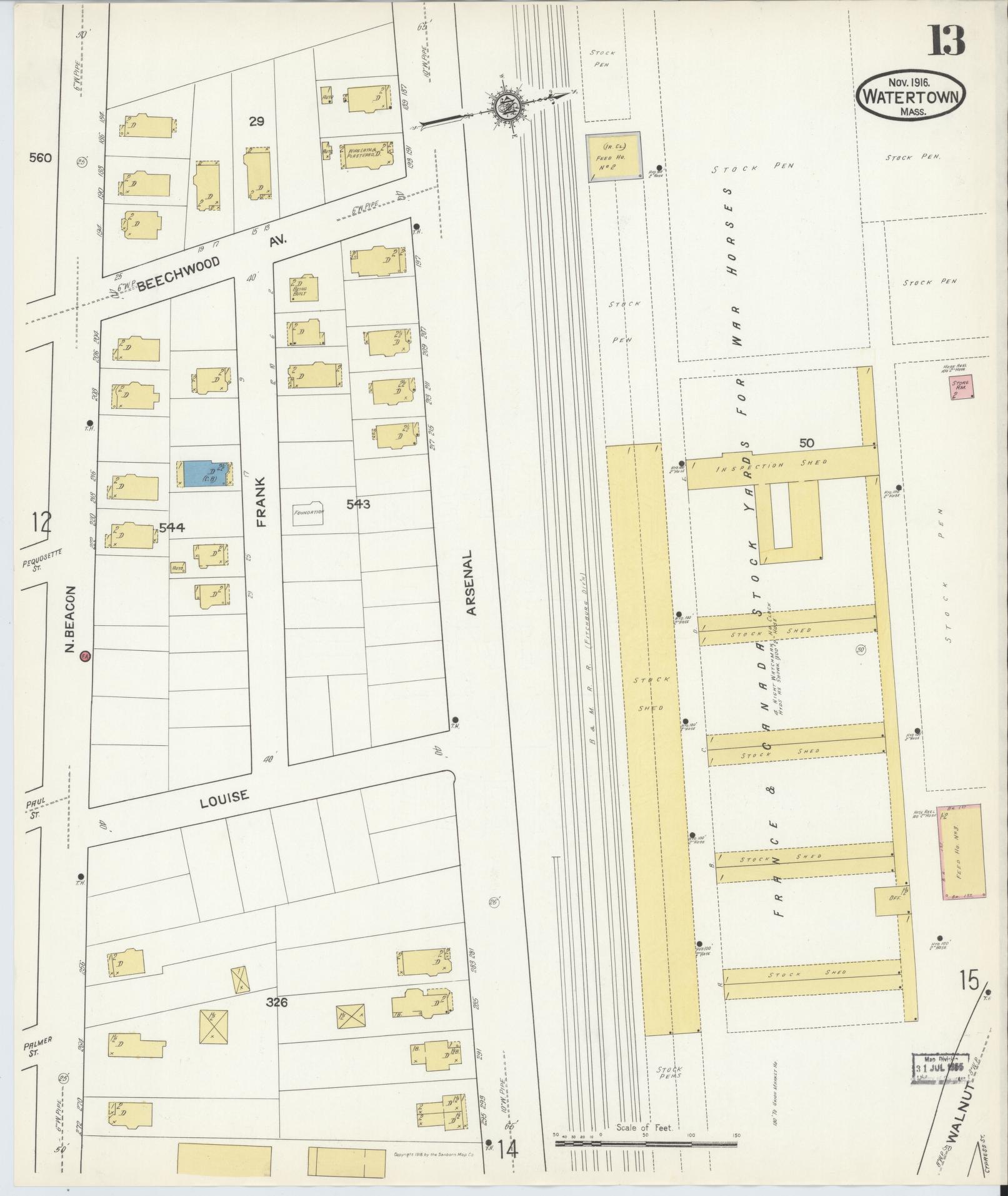 Sanborn Fire Insurance Map from Watertown, Middlesex County, Massachusetts (1916), Sheet #0013 - Complete Map Set gallery image, historic Sanborn map, vintage wall art, Massachusetts Massachusetts
