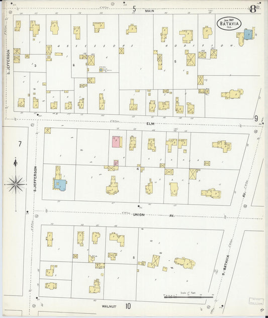 Sanborn Fire Insurance Map from Batavia, Kane County, Illinois (1907), Sheet #0008 - Historic Sanborn Fire Insurance Map Print, vintage old map wall art, antique decor, genealogy gift, Illinois Illinois map