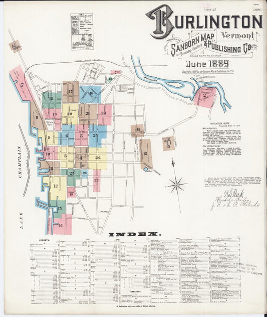 Sanborn Fire Insurance Map from Burlington, Chittenden County, Vermont (1889), Sheet #0001 - Historic Sanborn Fire Insurance Map Print, vintage old map wall art, antique decor, genealogy gift, Vermont Vermont map