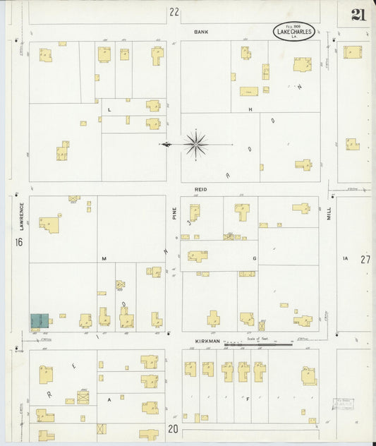 Sanborn Fire Insurance Map from Lake Charles, Calcasieu Parish, Louisiana (1909), Sheet #0021 - Historic Sanborn Fire Insurance Map Print, vintage old map wall art, antique decor, genealogy gift, Louisiana Louisiana map