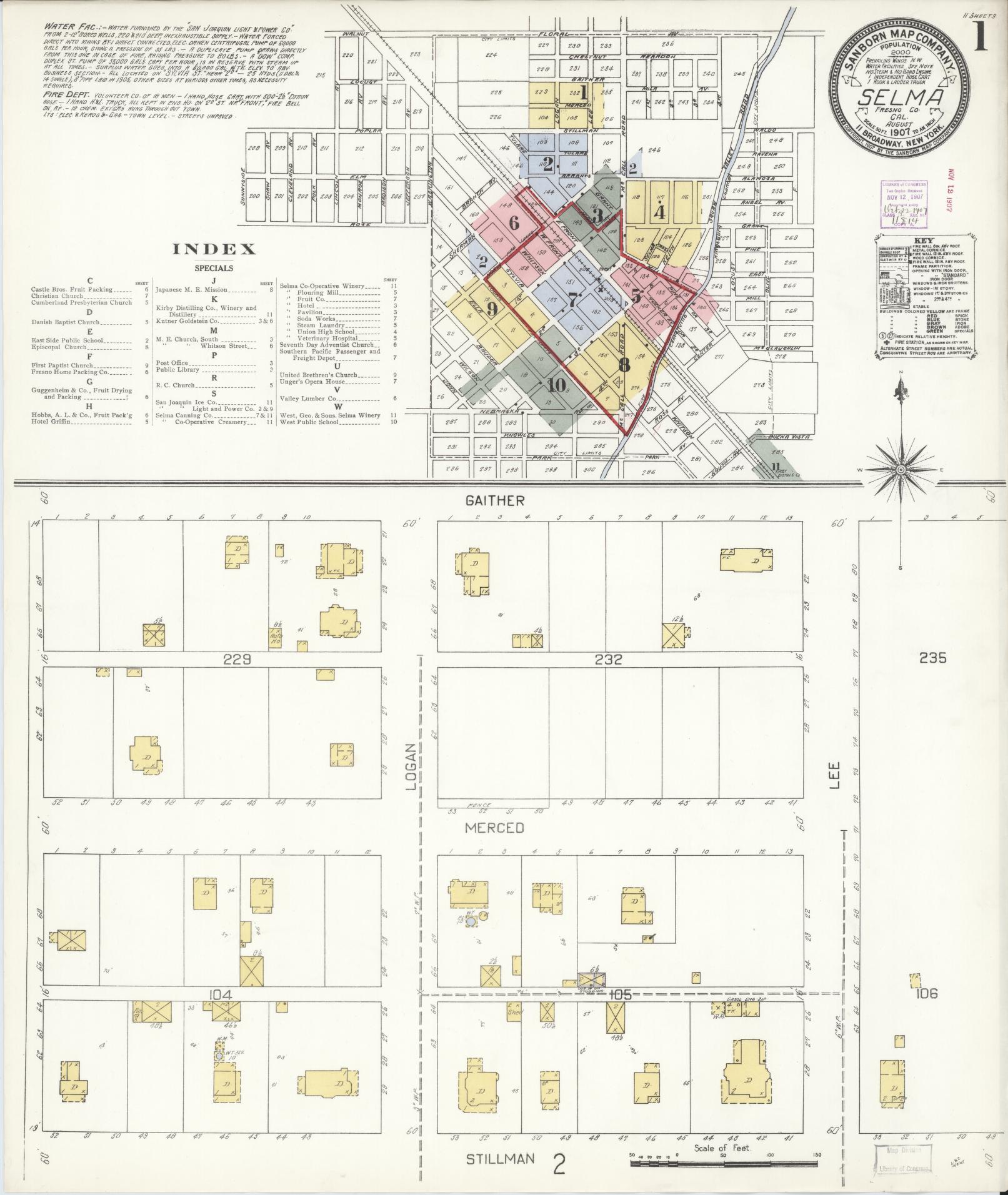 Sanborn Fire Insurance Map from Selma, Fresno County, California (1907), Sheet #0001 - Complete Map Set gallery image, historic Sanborn map, vintage wall art, California California