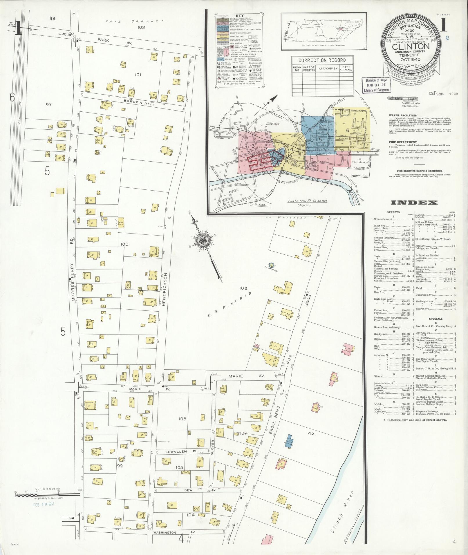 Sanborn Fire Insurance Map from Clinton, Anderson County, Tennessee (1940), Sheet #0001 - Historic Sanborn Fire Insurance Map Print, vintage old map wall art, antique decor, genealogy gift, Tennessee Tennessee map