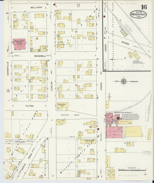 Sanborn Fire Insurance Map from Menominee, Menominee County, Michigan (1913), Sheet #0016 - Historic Sanborn Fire Insurance Map Print, vintage old map wall art, antique decor, genealogy gift, Michigan Michigan map