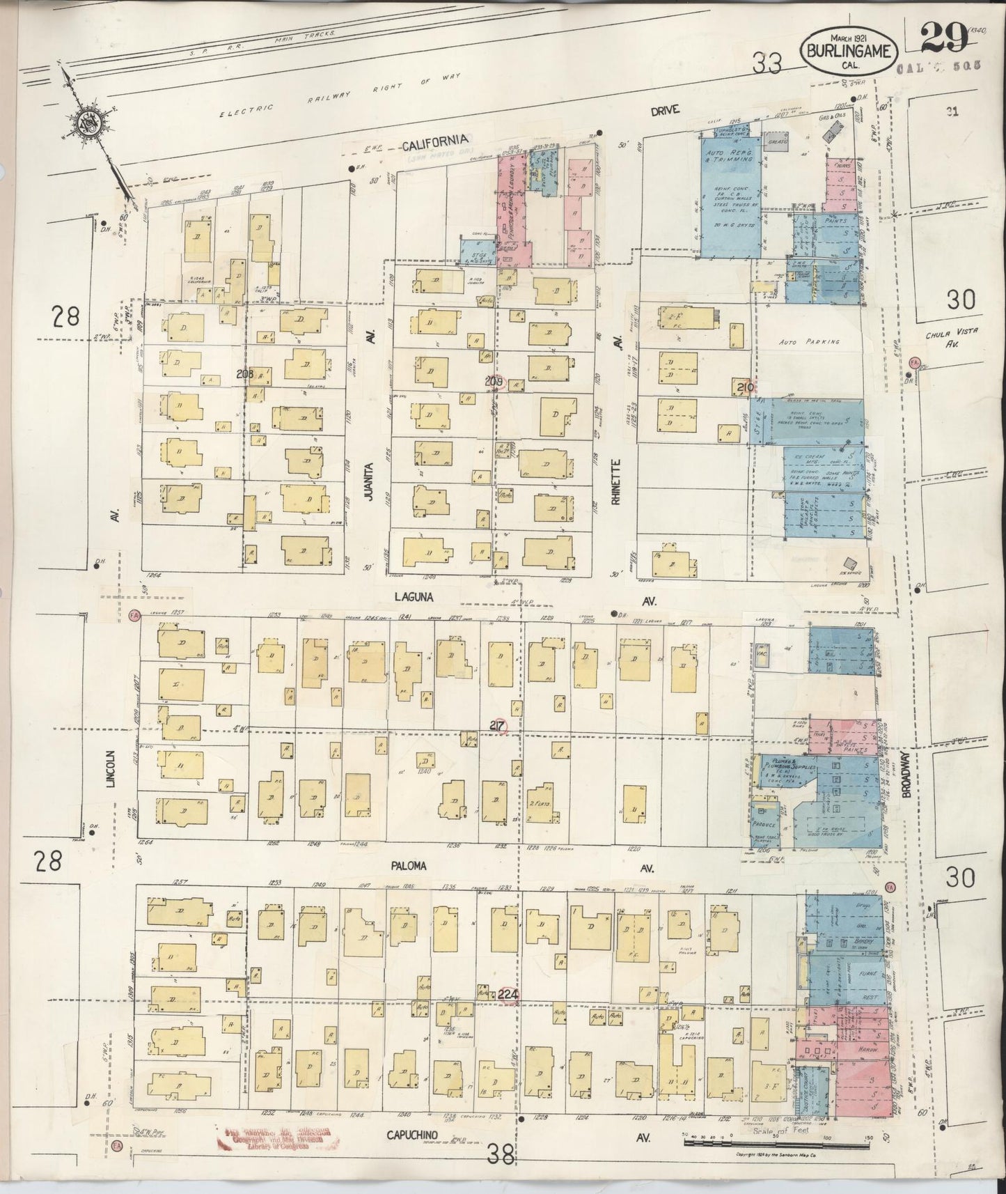 Sanborn Fire Insurance Map from Burlingame, San Mateo County, California (1949), Sheet #0029 - Historic Sanborn Fire Insurance Map Print, vintage old map wall art, antique decor, genealogy gift, California California map