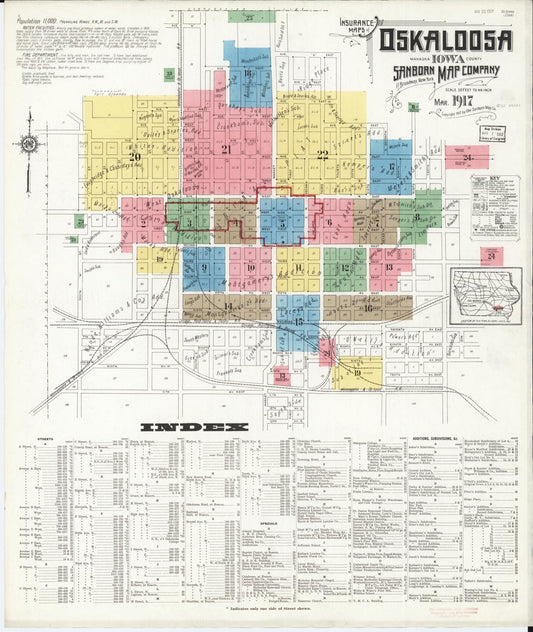 Sanborn Fire Insurance Map from Oskaloosa, Mahaska County, Iowa (1917), Sheet #0001 - Historic Sanborn Fire Insurance Map Print, vintage old map wall art