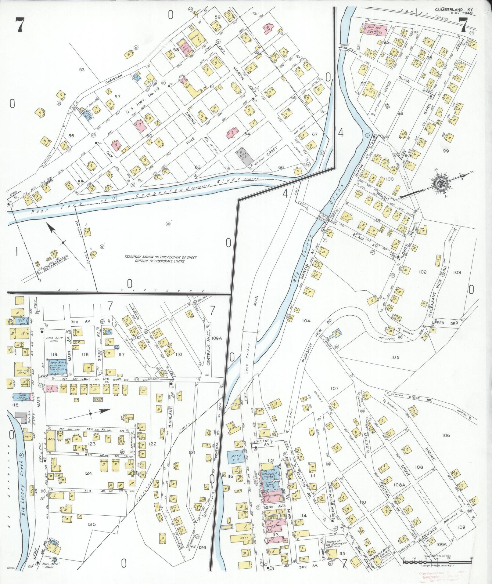 Sanborn Fire Insurance Map from Cumberland, Harlan County, Kentucky (1949), Sheet #0007 - Historic Sanborn Fire Insurance Map Print, vintage old map wall art, antique decor, genealogy gift, Kentucky Kentucky map