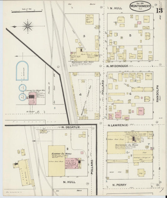 Sanborn Fire Insurance Map from Montgomery, Montgomery County, Alabama (1888), Sheet #0013 - Historic Sanborn Fire Insurance Map Print, vintage old map wall art, antique decor, genealogy gift, Alabama Alabama map