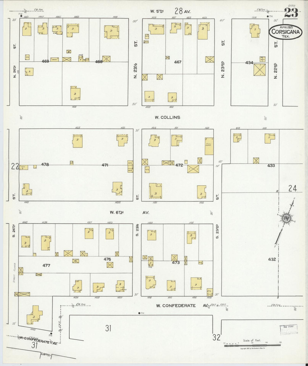 Sanborn Fire Insurance Map from Corsicana, Navarro County, Texas (1921), Sheet #0023 - Complete Map Set gallery image, historic Sanborn map, vintage wall art, Texas Texas