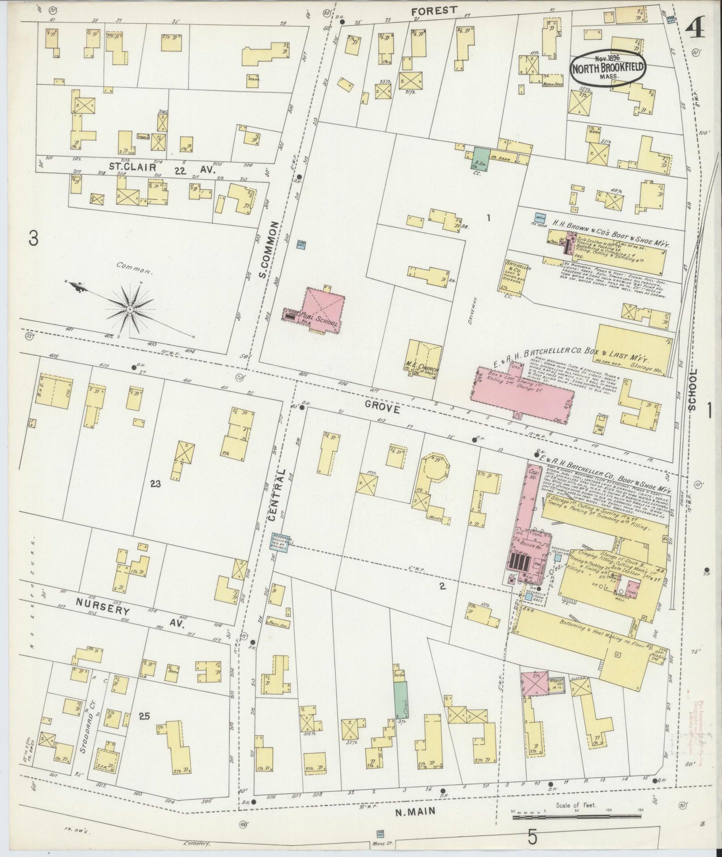 Sanborn Fire Insurance Map from North Brookfield, Worcester County, Massachusetts (1896), Sheet #0004 - Complete Map Set gallery image, historic Sanborn map, vintage wall art, Massachusetts Massachusetts
