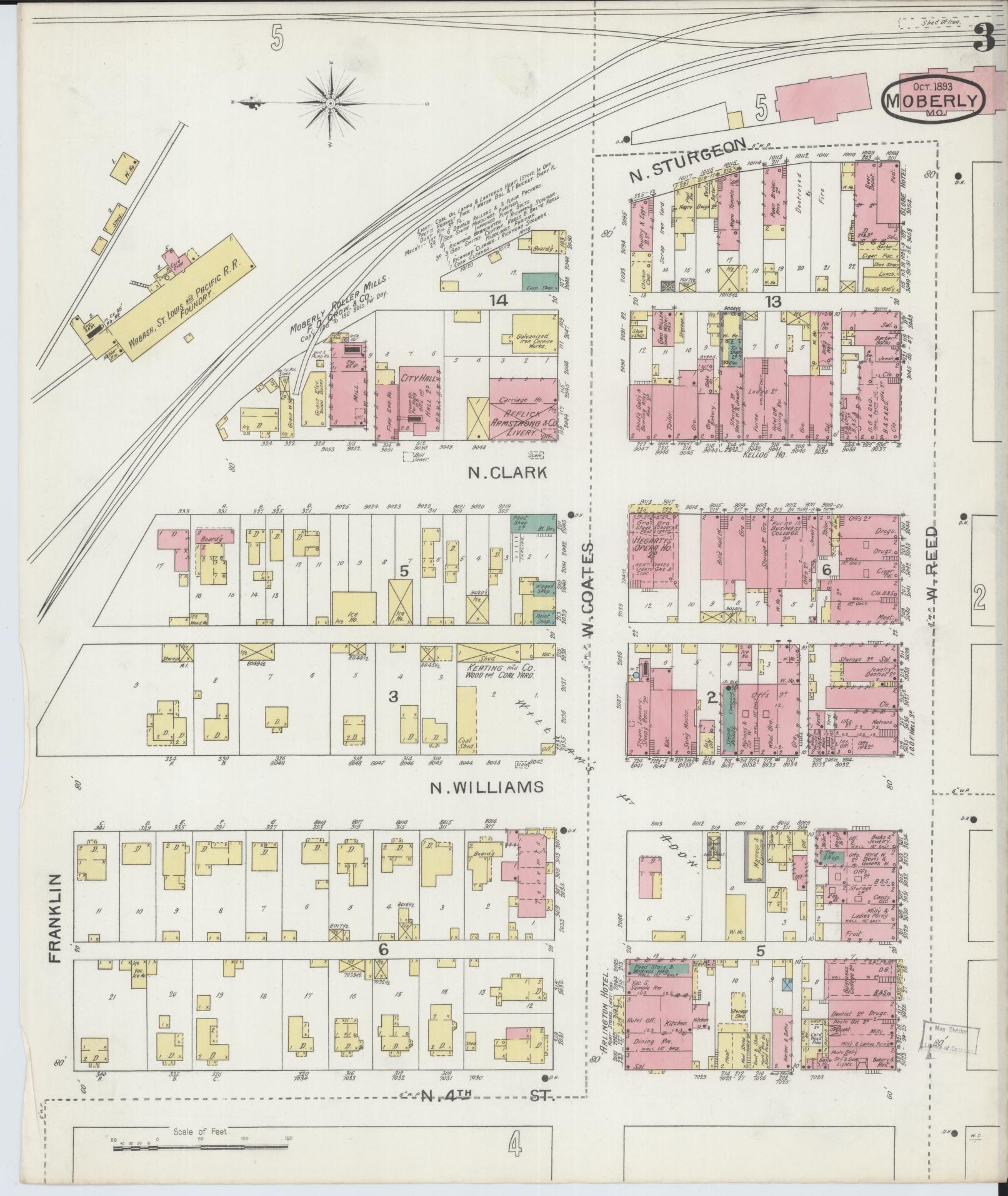 Sanborn Fire Insurance Map from Moberly, Randolph County, Missouri (1893), Sheet #0003 - Historic Sanborn Fire Insurance Map Print, vintage old map wall art, antique decor, genealogy gift, Missouri Missouri map