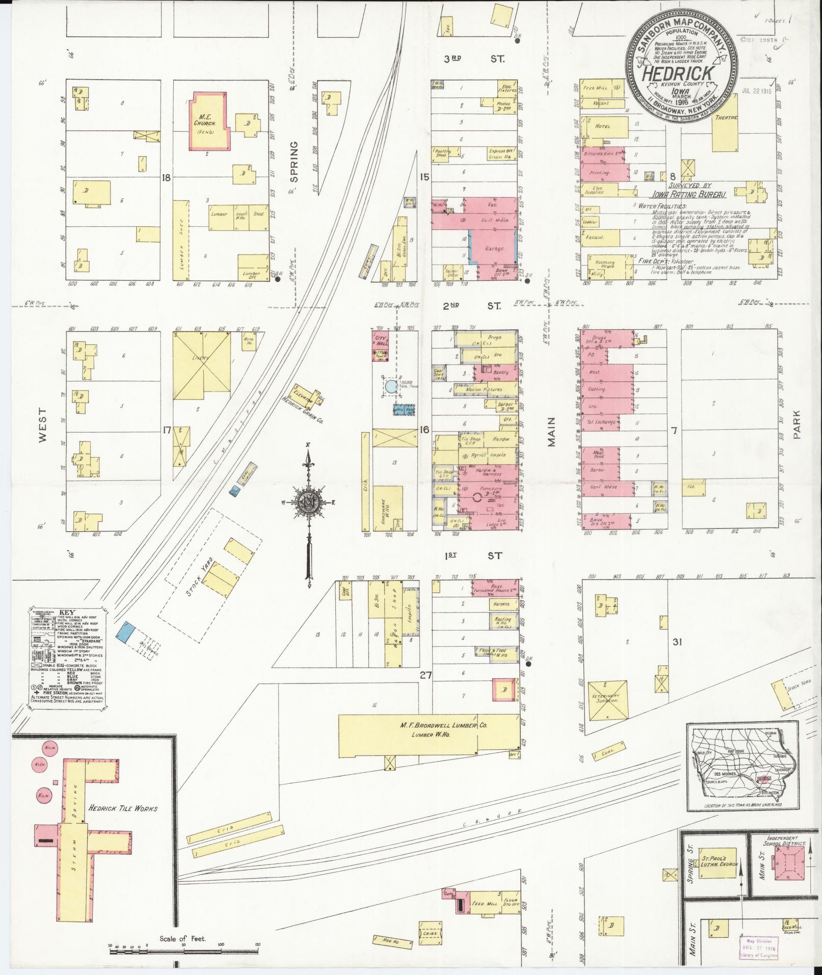 Sanborn Fire Insurance Map from Hedrick, Keokuk County, Iowa (1916), Sheet #0001 - Historic Sanborn Fire Insurance Map Print, vintage old map wall art