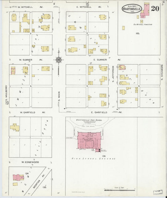 Sanborn Fire Insurance Map from Martinsville, Morgan County, Indiana (1916), Sheet #0020 - Historic Sanborn Fire Insurance Map Print, vintage old map wall art, antique decor, genealogy gift, Indiana Indiana map