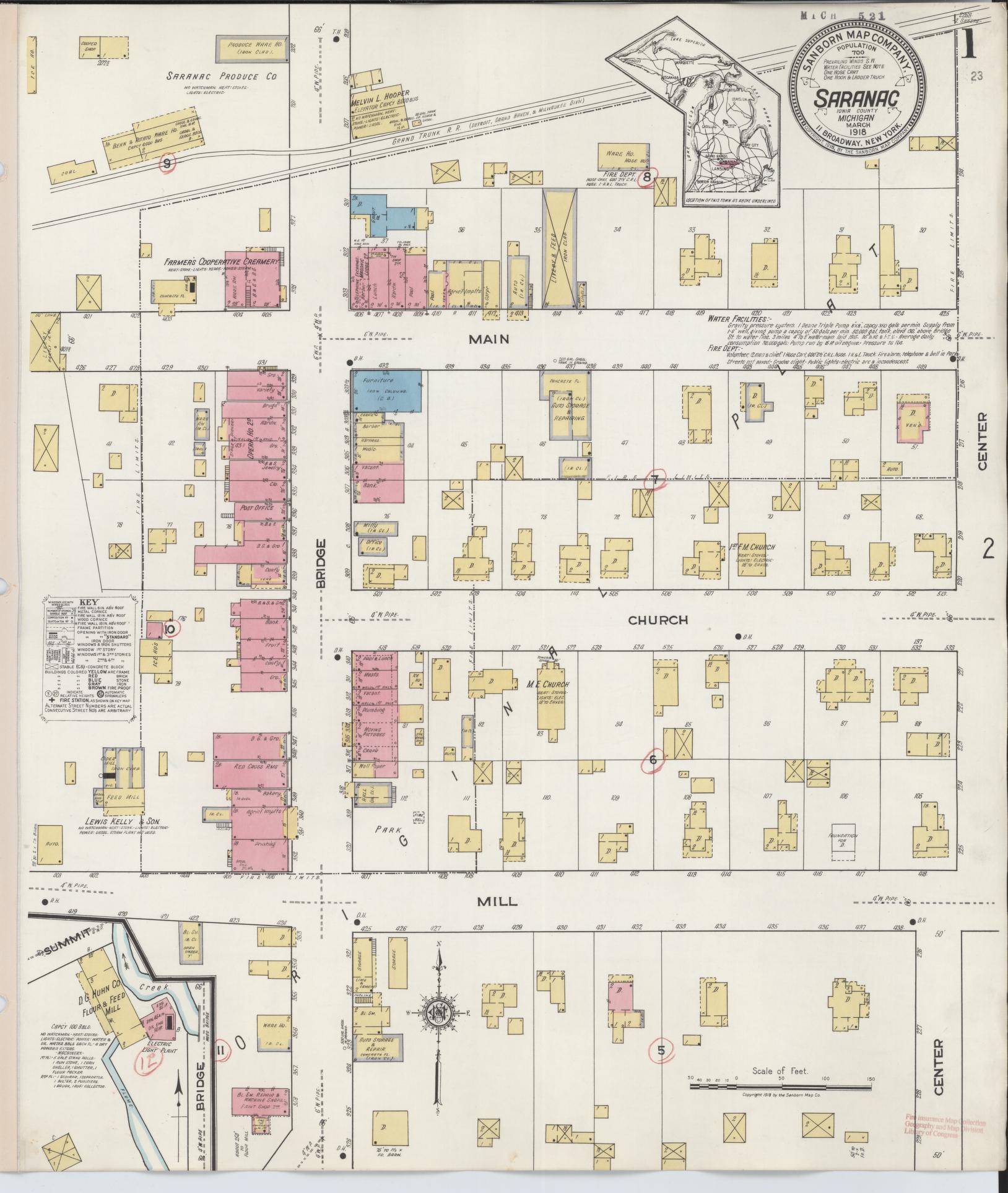Sanborn Fire Insurance Map from Saranac, Ionia County, Michigan (1918), Sheet #0001 - Complete Map Set gallery image, historic Sanborn map, vintage wall art, Michigan Michigan