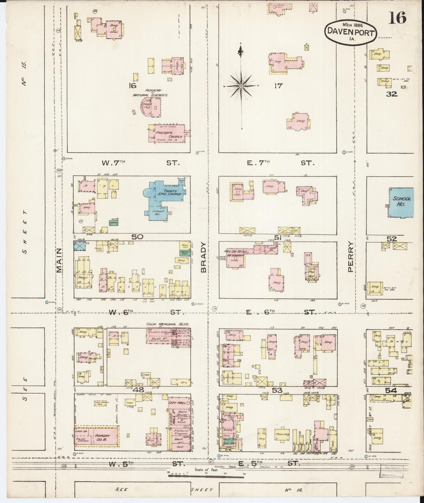 Sanborn Fire Insurance Map from Davenport, Scott County, Iowa (1886), Sheet #0016 - Historic Sanborn Fire Insurance Map Print, vintage old map wall art