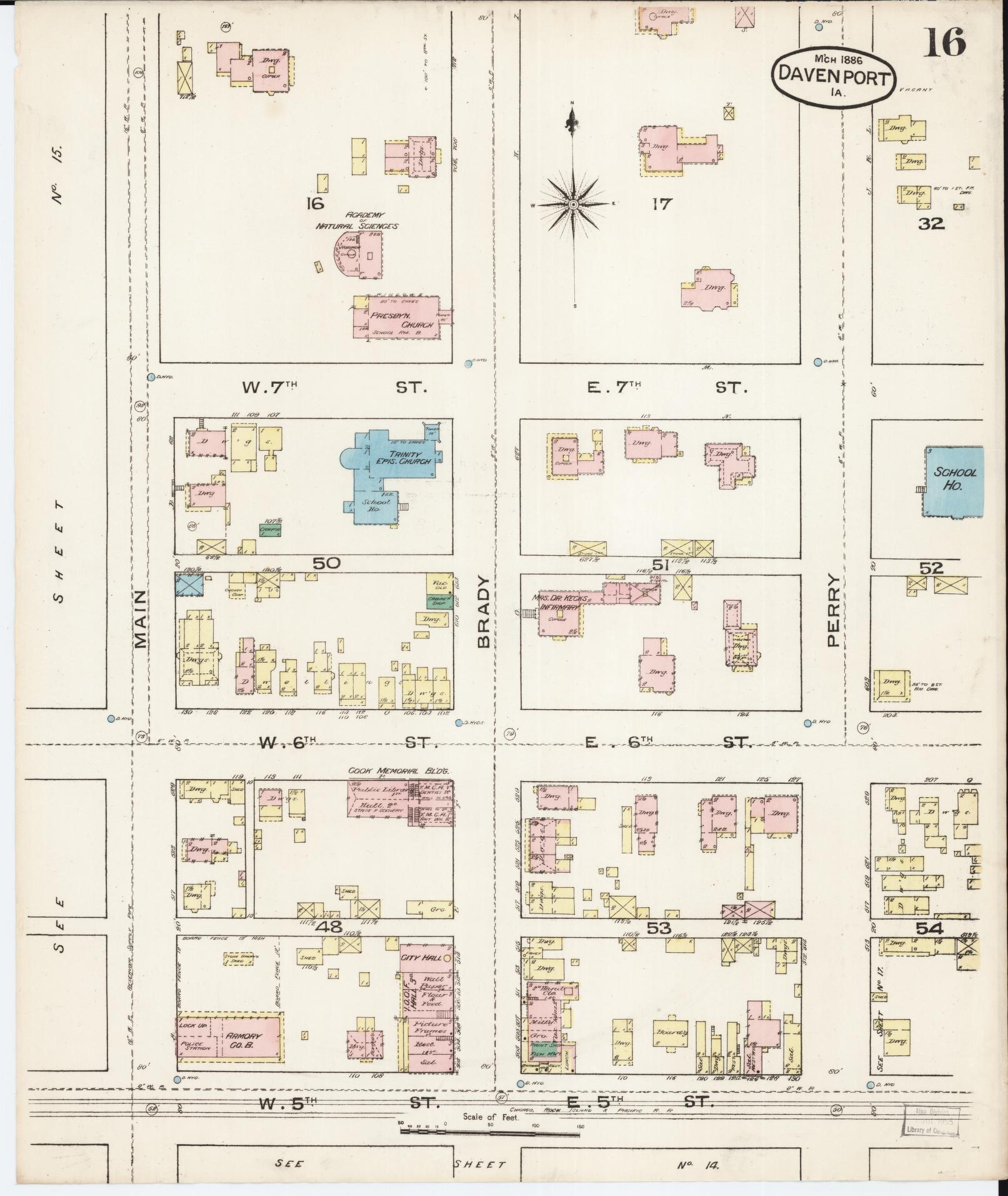Sanborn Fire Insurance Map from Davenport, Scott County, Iowa (1886), Sheet #0016 - Historic Sanborn Fire Insurance Map Print, vintage old map wall art