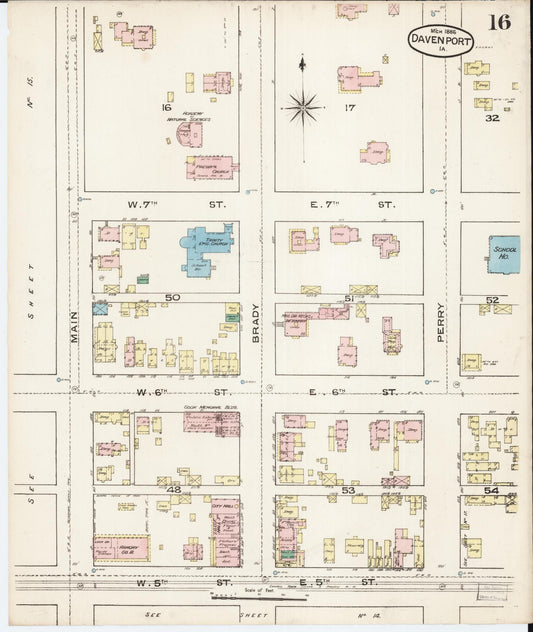 Sanborn Fire Insurance Map from Davenport, Scott County, Iowa (1886), Sheet #0016 - Historic Sanborn Fire Insurance Map Print, vintage old map wall art