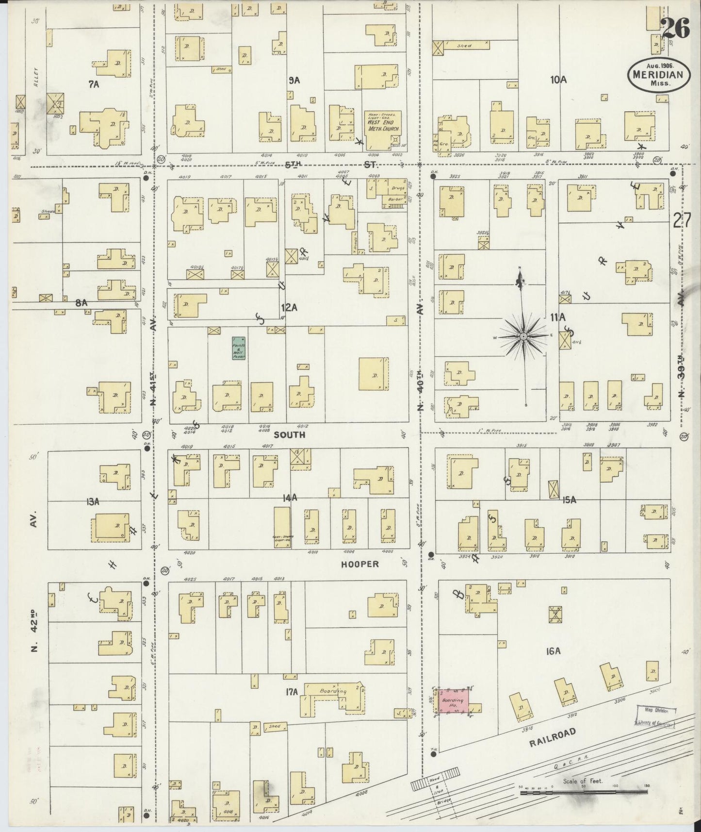 Sanborn Fire Insurance Map from Meridian, Lauderdale County, Mississippi (1906), Sheet #0026 - Complete Map Set gallery image, historic Sanborn map, vintage wall art, Mississippi Mississippi