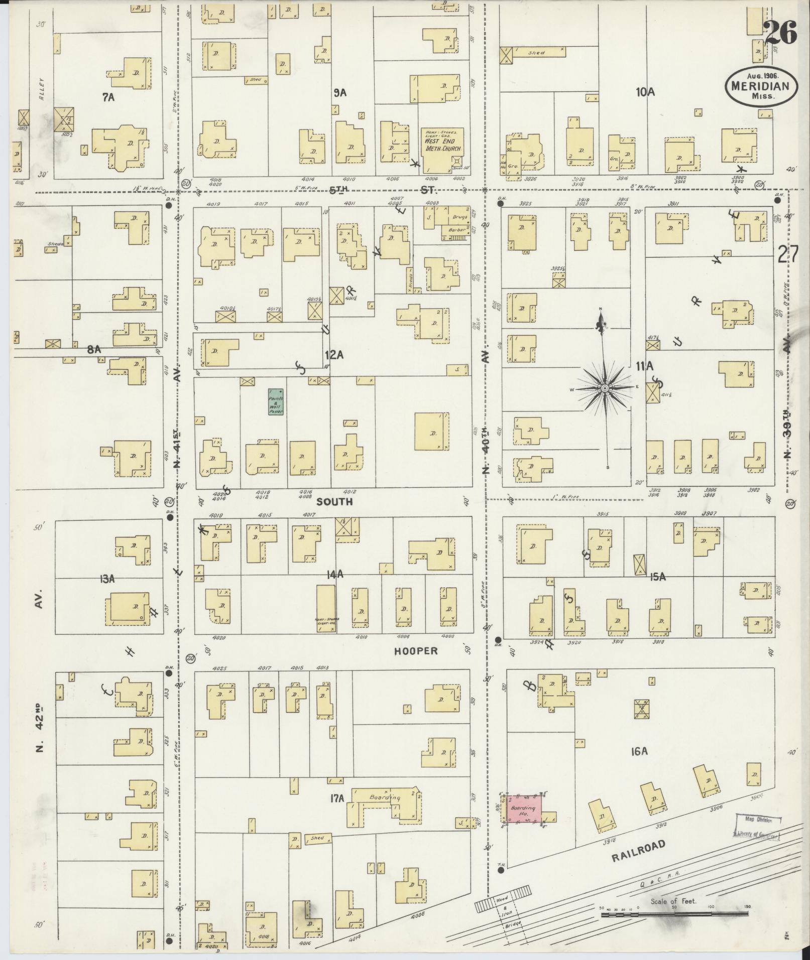 Sanborn Fire Insurance Map from Meridian, Lauderdale County, Mississippi (1906), Sheet #0026 - Complete Map Set gallery image, historic Sanborn map, vintage wall art, Mississippi Mississippi