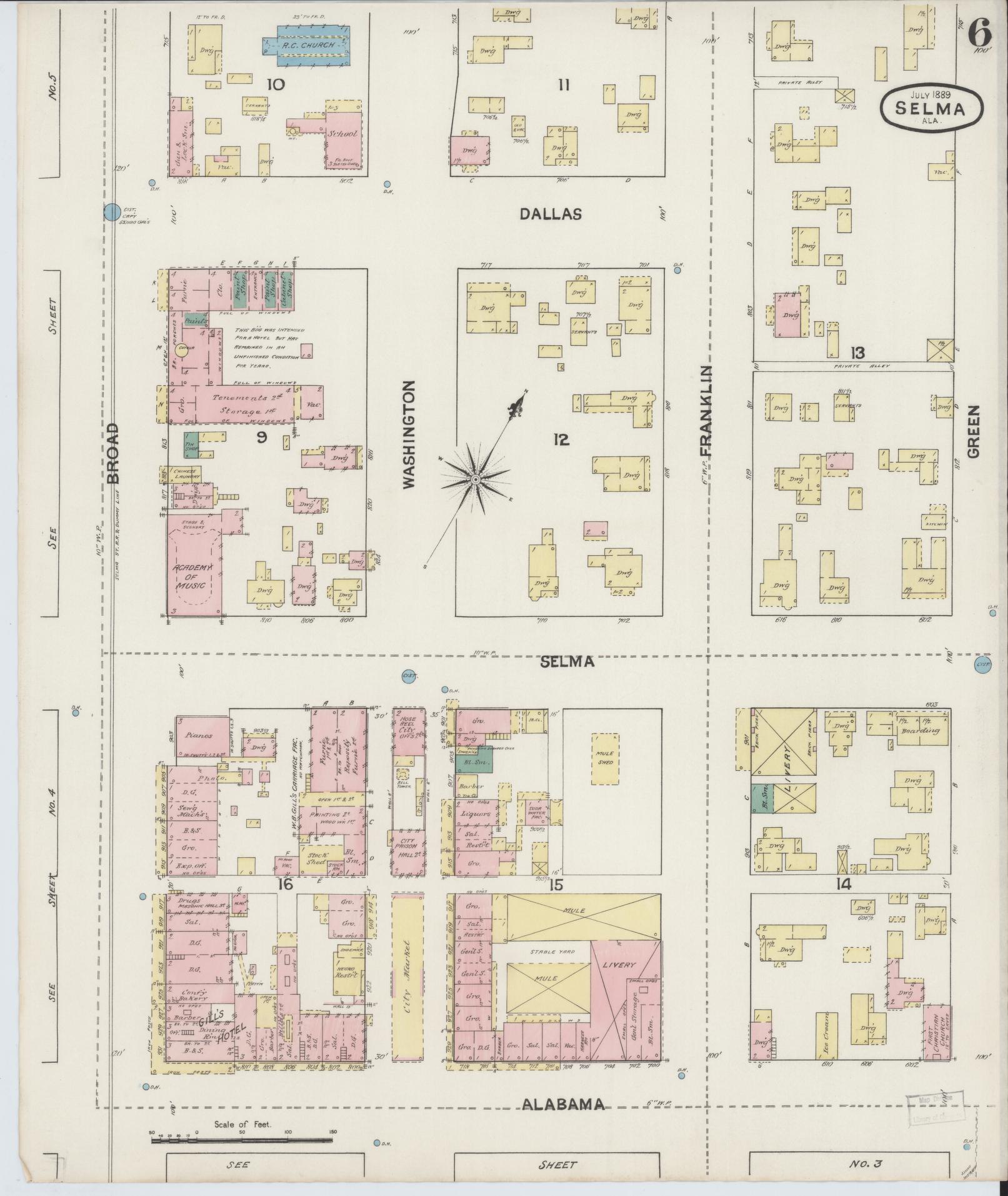 Sanborn Fire Insurance Map from Selma, Dallas County, Alabama (1889), Sheet #0006 - Historic Sanborn Fire Insurance Map Print, vintage old map wall art, antique decor, genealogy gift, Alabama Alabama map