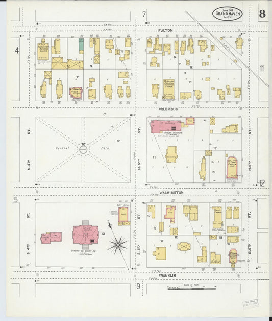 Sanborn Fire Insurance Map from Grand Haven, Ottawa County, Michigan (1906), Sheet #0008 - Historic Sanborn Fire Insurance Map Print, vintage old map wall art, antique decor, genealogy gift, Michigan Michigan map