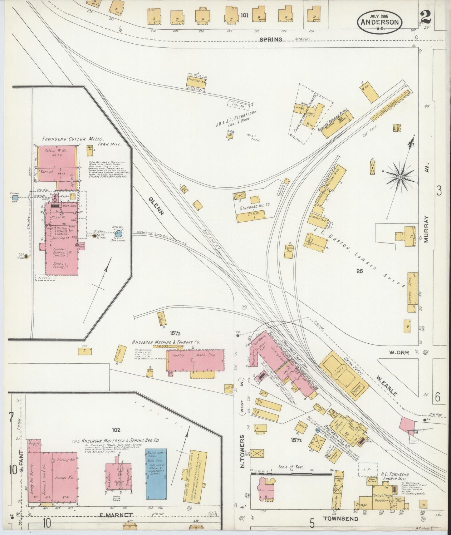 Sanborn Fire Insurance Map from Anderson, Anderson County, South Carolina (1906), Sheet #0002 - Complete Map Set gallery image, historic Sanborn map, vintage wall art, South Carolina South Carolina