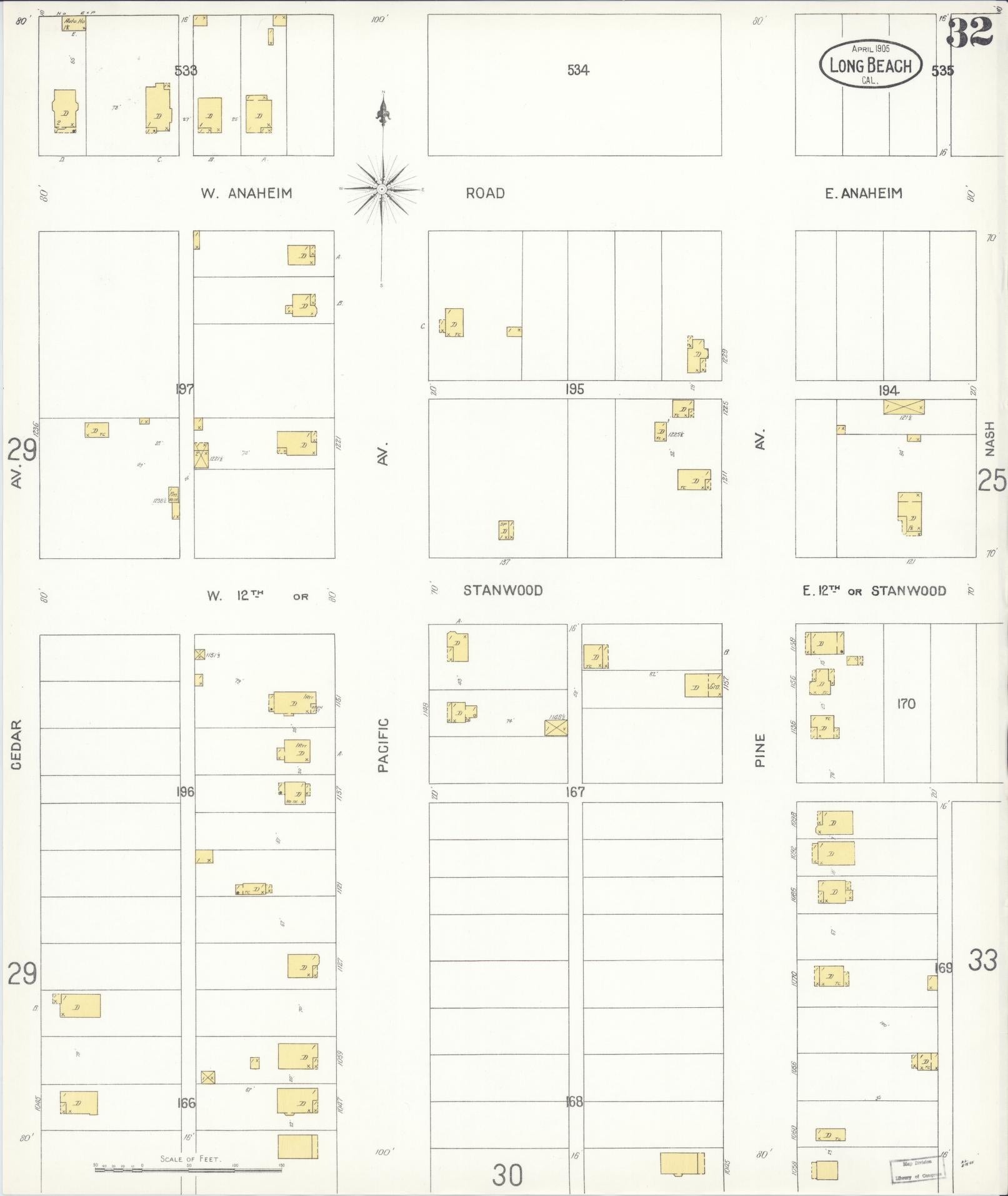 Sanborn Fire Insurance Map from Long Beach, Los Angeles County, California (1905), Sheet #0032 - Complete Map Set gallery image, historic Sanborn map, vintage wall art, California California